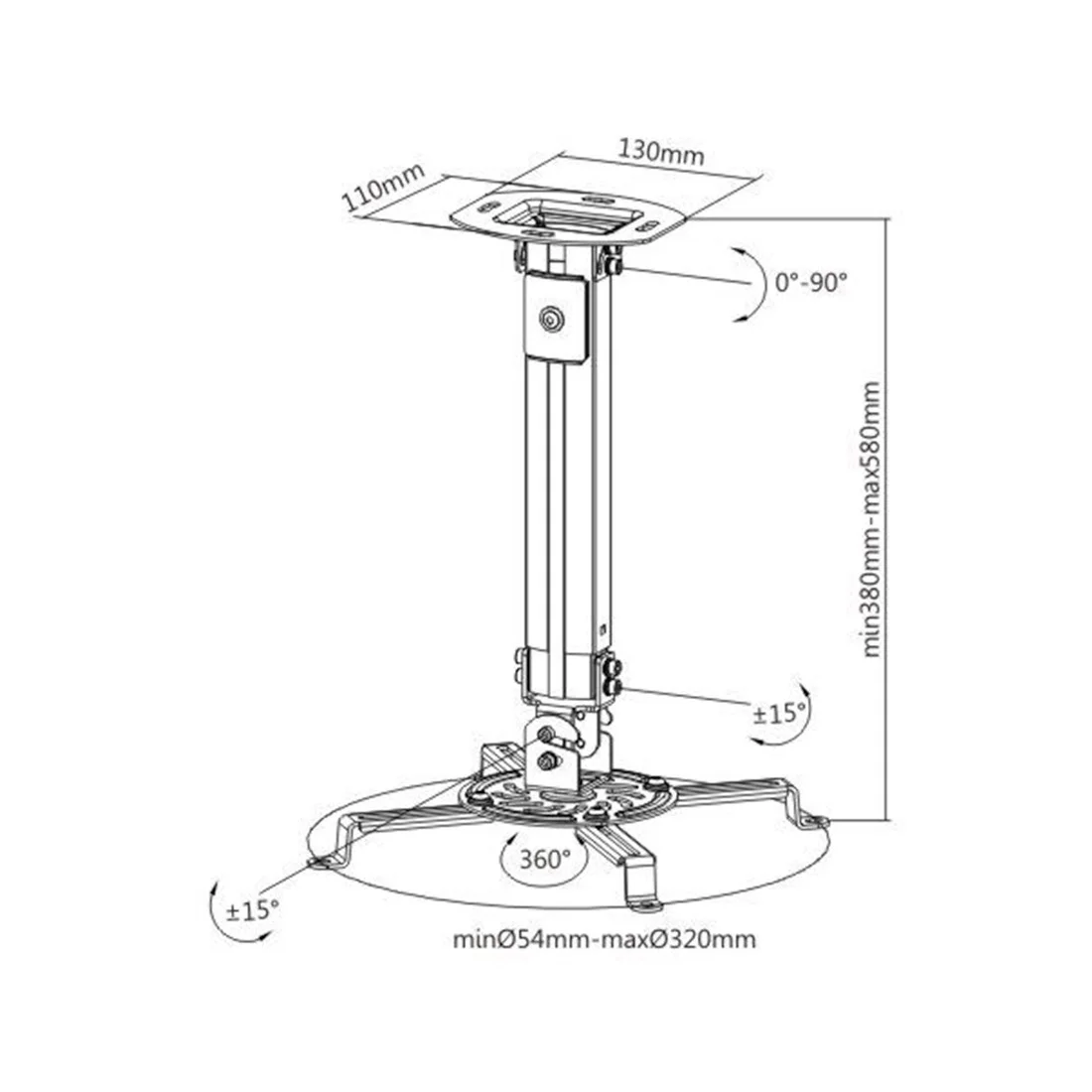 Кронштейн потолочный Brateck PRB-18S, до 13,5кг, 38-58см, 360°